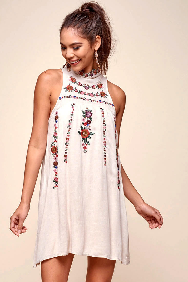 Shonda Floral Embroidered Detail Mid-Length Dress Beige-Maymioy