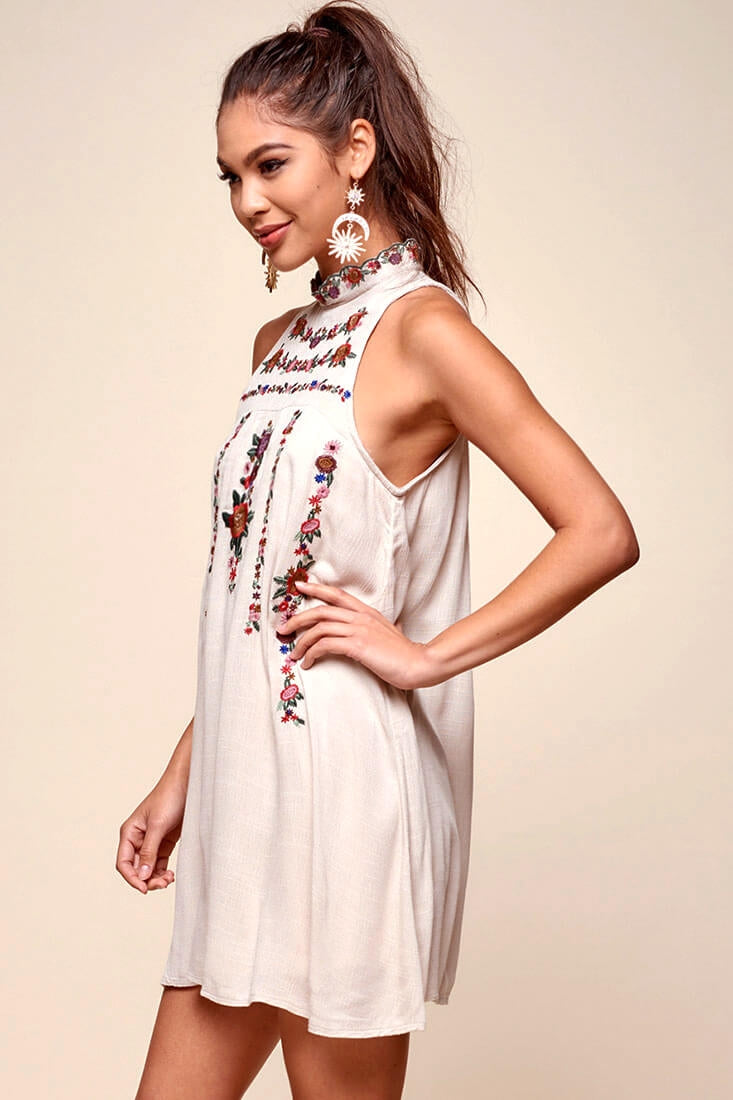Shonda Floral Embroidered Detail Mid-Length Dress Beige-Maymioy