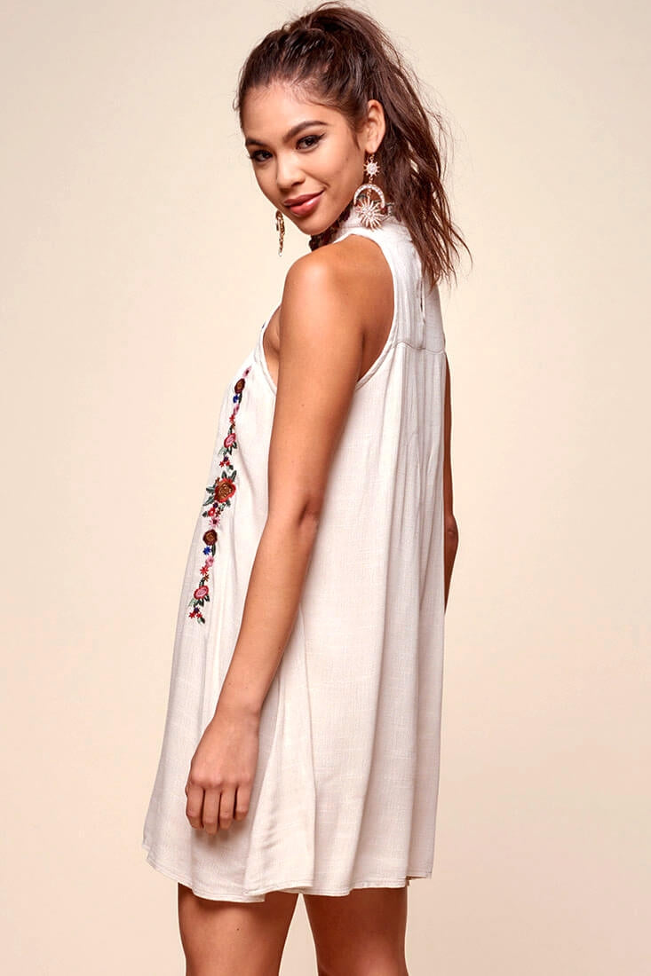 Shonda Floral Embroidered Detail Mid-Length Dress Beige-Maymioy