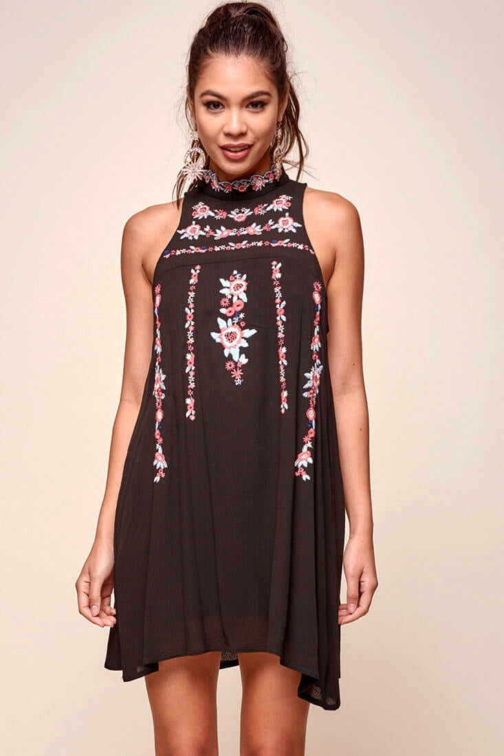 Shonda Floral Embroidered Detail Mid-Length Dress Black-Maymioy