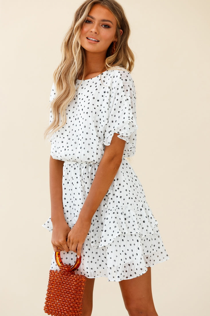 Mollina Frill Sleeve Layered Hem Dress Spot Print White-Maymioy