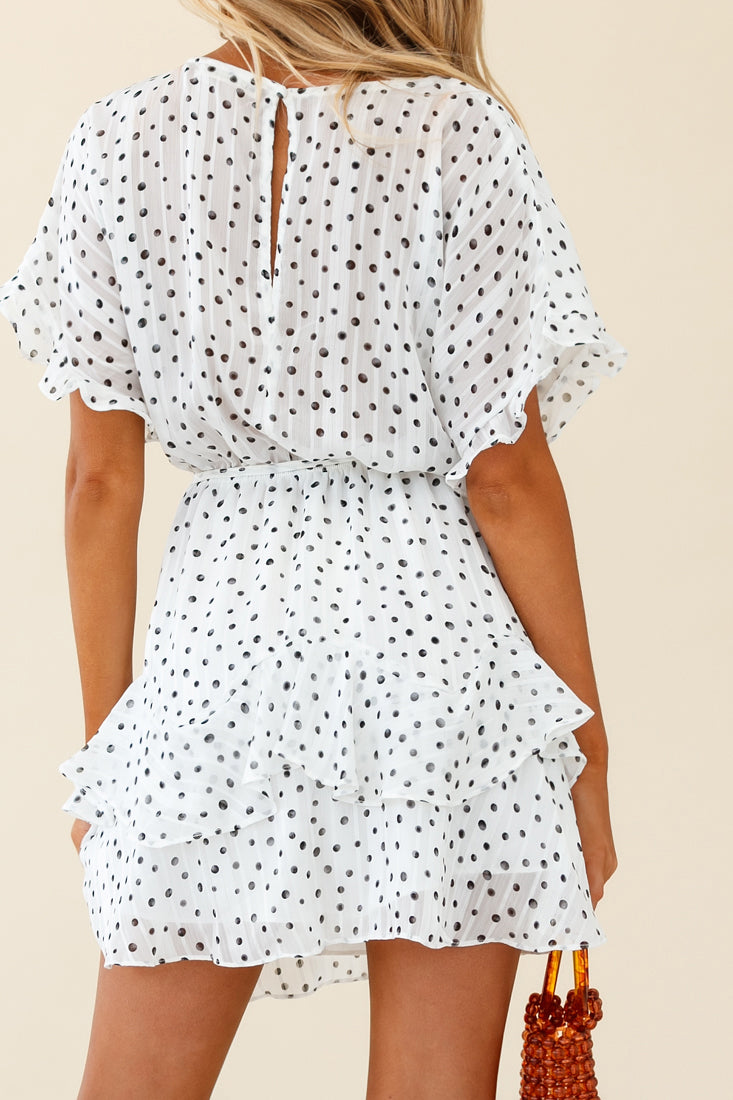 Mollina Frill Sleeve Layered Hem Dress Spot Print White-Maymioy
