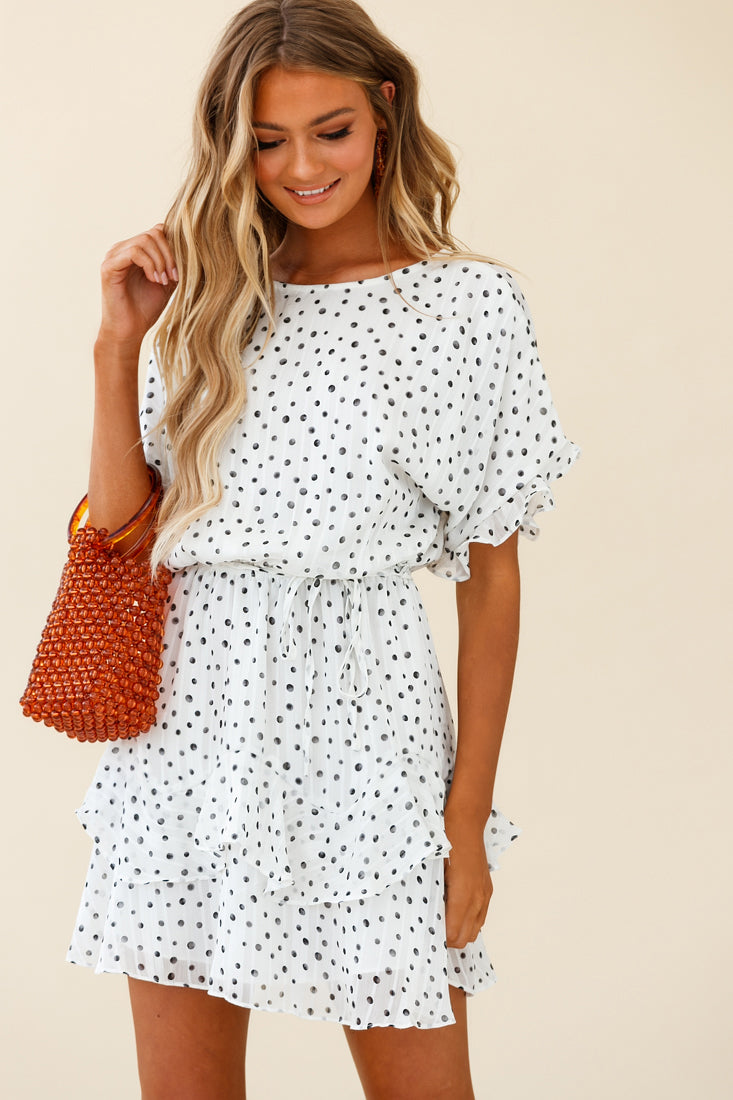 Mollina Frill Sleeve Layered Hem Dress Spot Print White-Maymioy