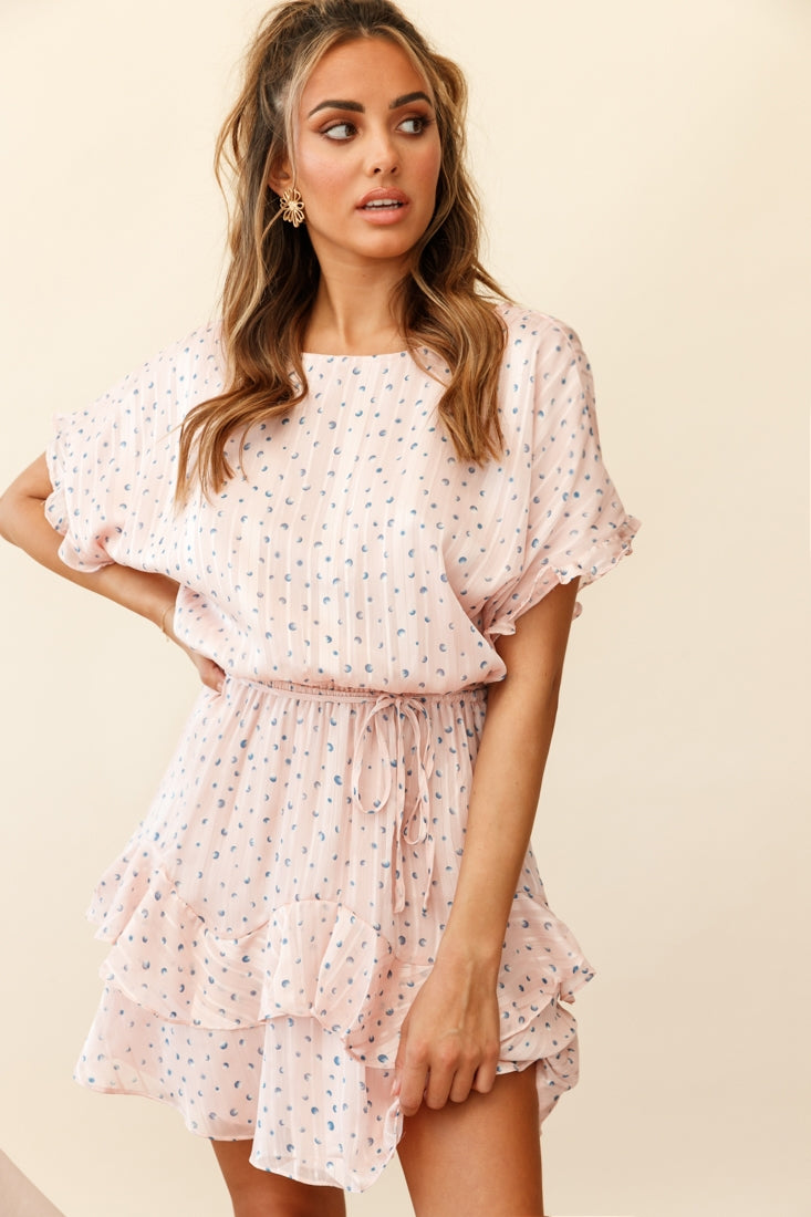 Mollina Frill Sleeve Layered Hem Dress Spot Print Blush-Maymioy