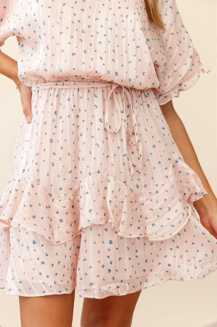 Mollina Frill Sleeve Layered Hem Dress Spot Print Blush-Maymioy