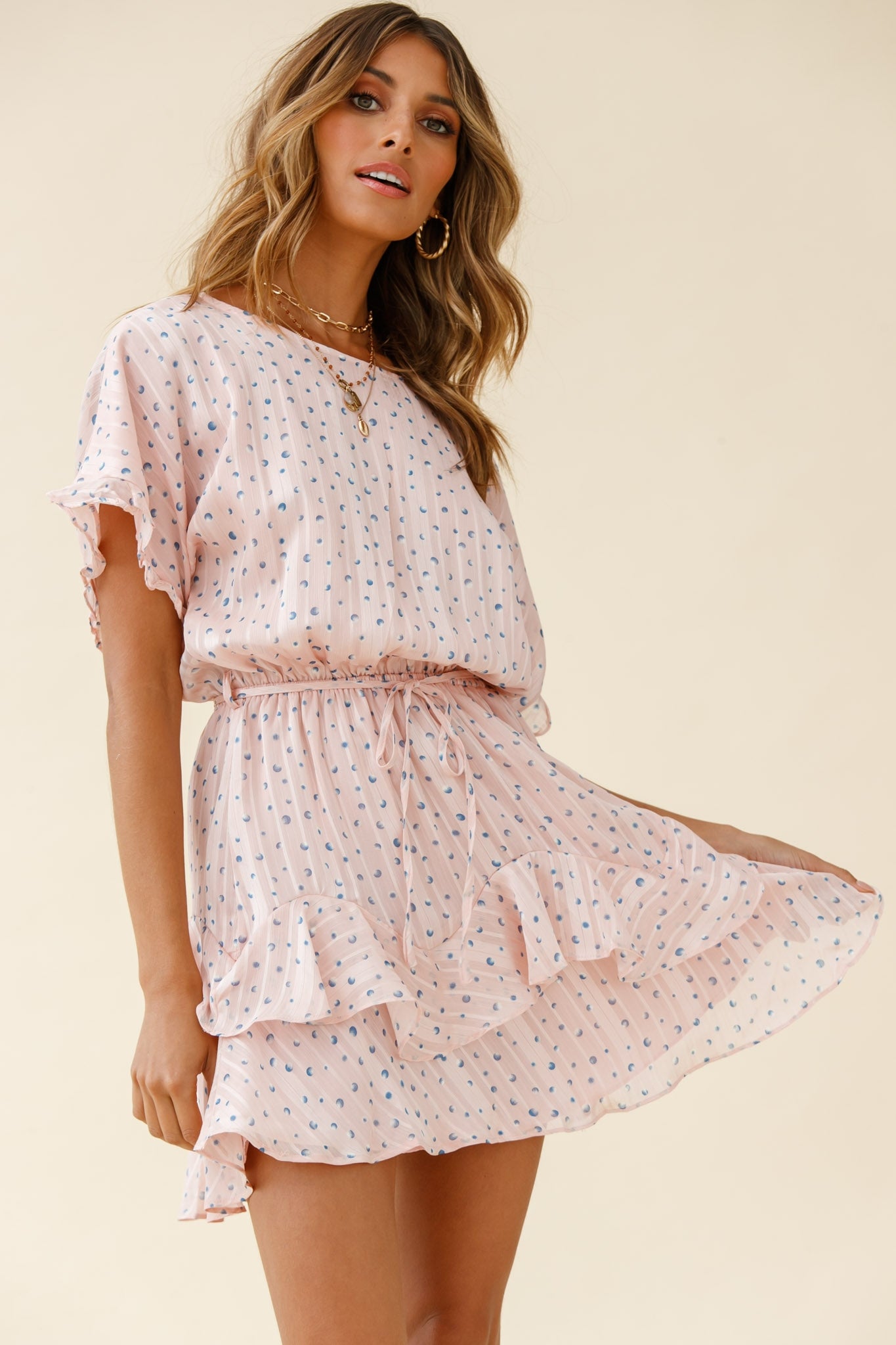 Mollina Frill Sleeve Layered Hem Dress Spot Print Blush-Maymioy