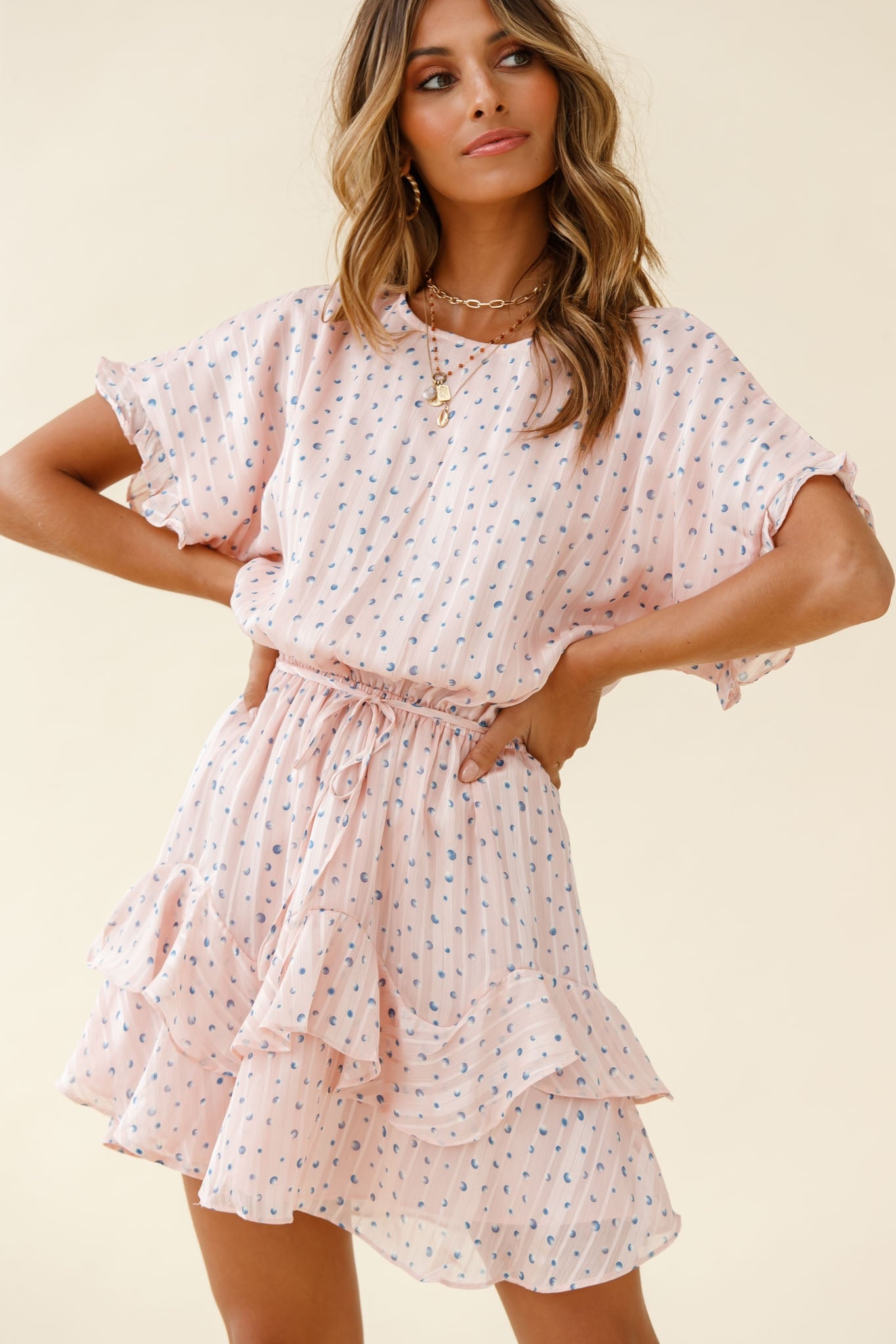 Mollina Frill Sleeve Layered Hem Dress Spot Print Blush-Maymioy