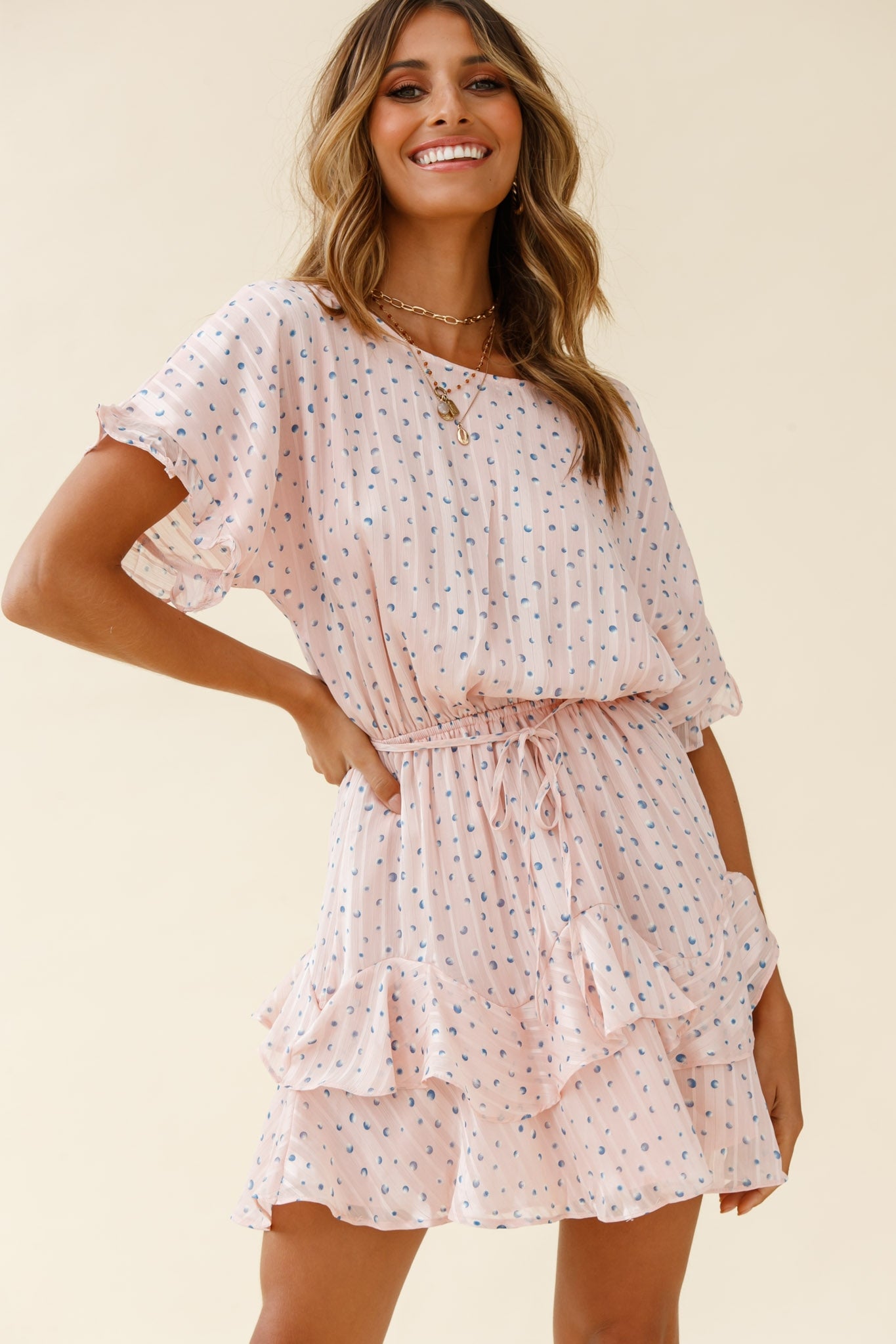 Mollina Frill Sleeve Layered Hem Dress Spot Print Blush-Maymioy