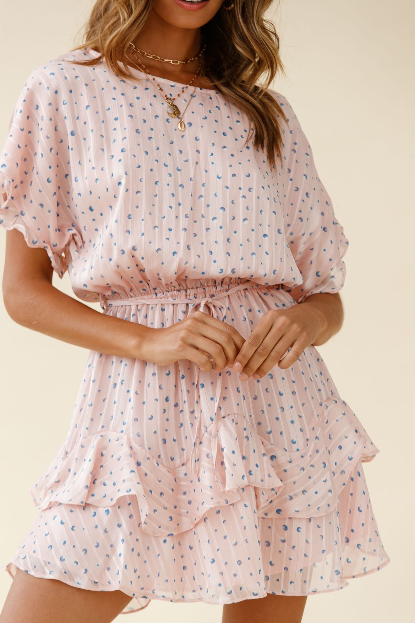 Mollina Frill Sleeve Layered Hem Dress Spot Print Blush-Maymioy