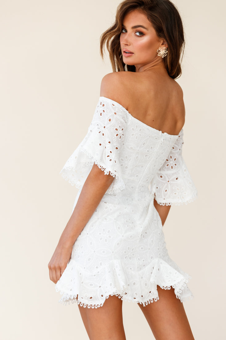 Elissa Off-Shoulder Broderie Anglaise Dress White-Maymioy