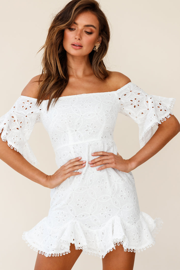 Elissa Off-Shoulder Broderie Anglaise Dress White-Maymioy