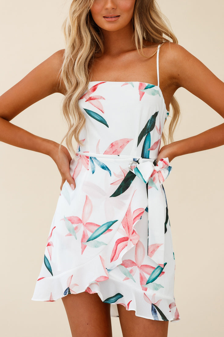 Pepita Cami Strap Wrap Dress Leaf Print White-Maymioy