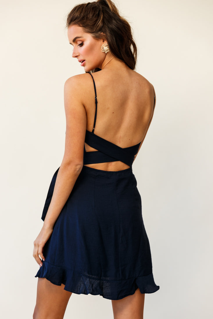 Pepita Cami Strap Wrap Dress Navy-Maymioy