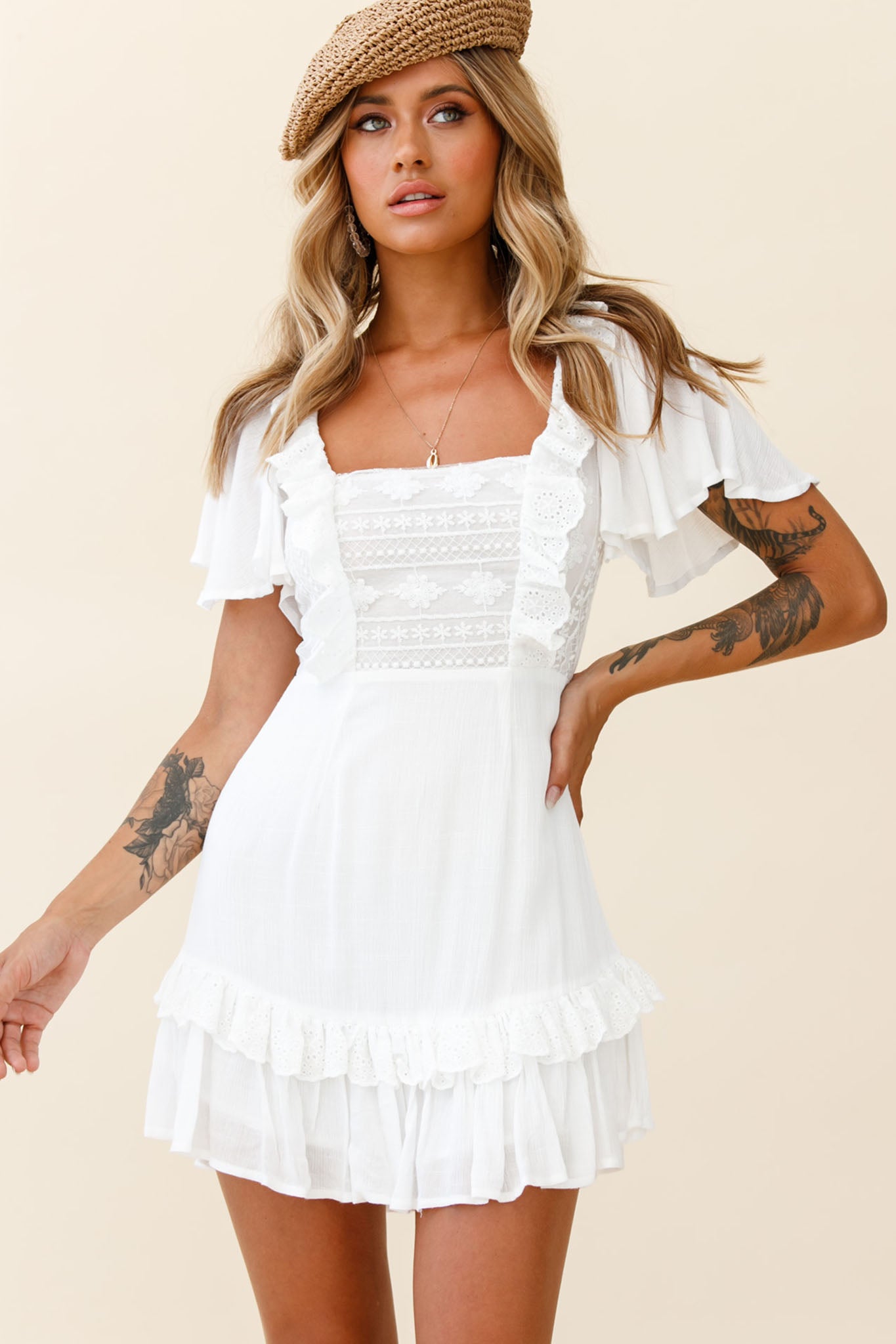 Say You Love Me Embroidery and Frill Detail Dress White-Maymioy