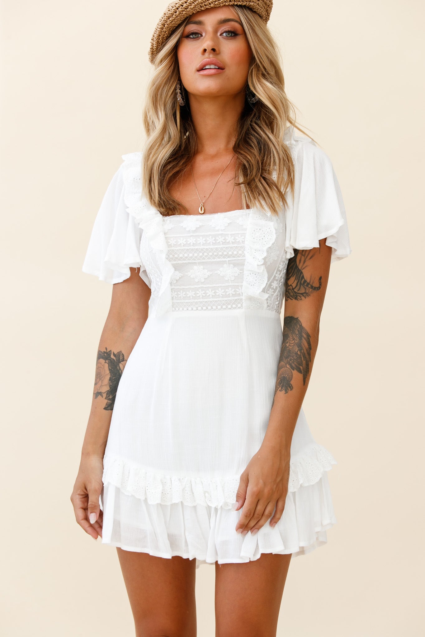 Say You Love Me Embroidery and Frill Detail Dress White-Maymioy