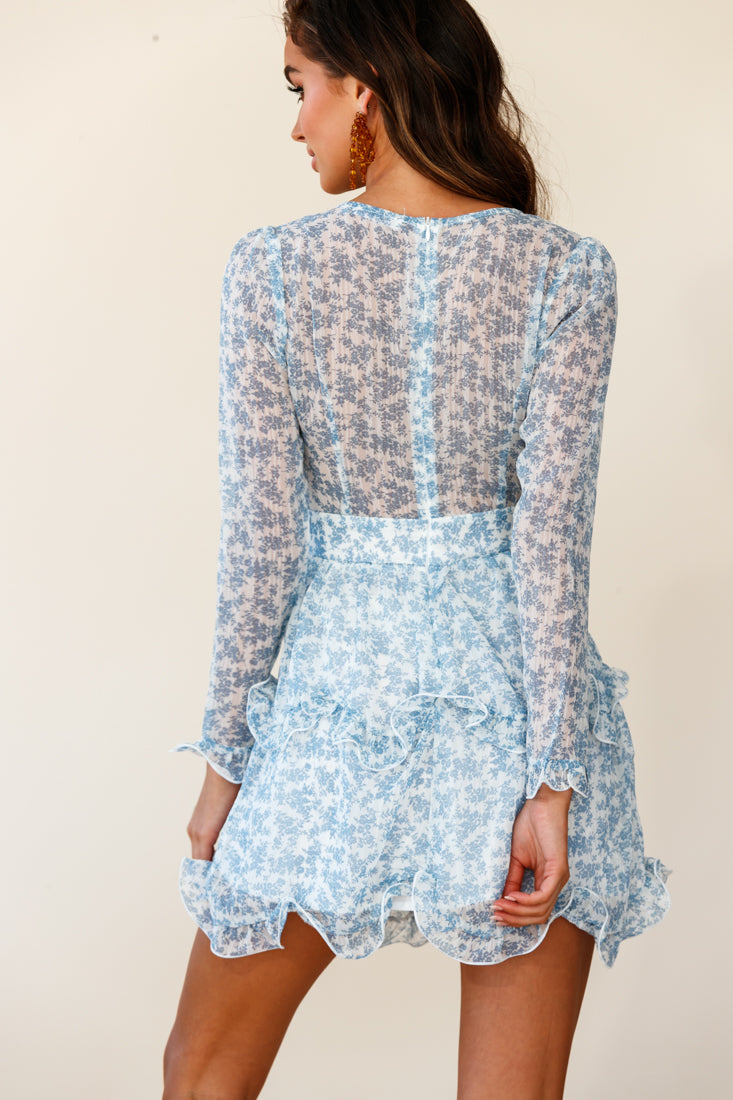 Greta Tiered Ruffle Chiffon Dress Blue-Maymioy