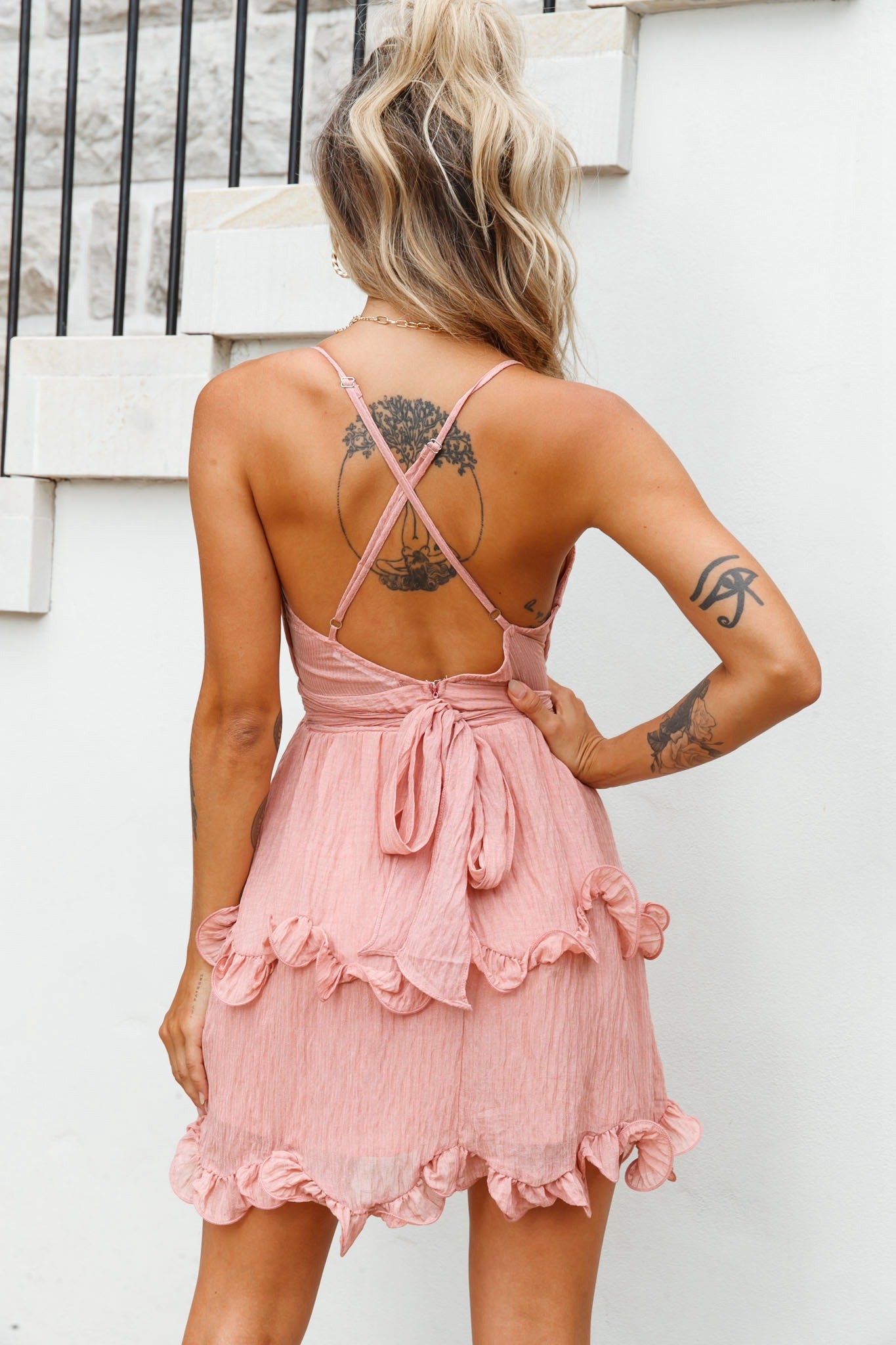Greta Cami Strap Frill Chiffon Dress Rose-Maymioy