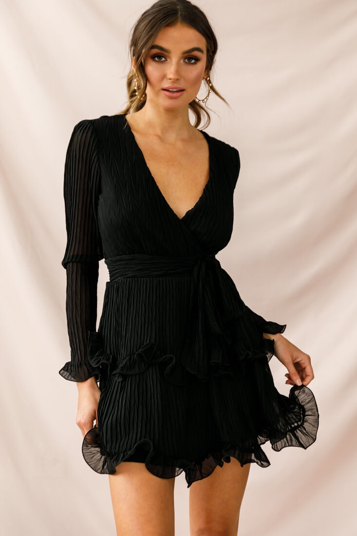 Greta Tiered Ruffle Chiffon Long Sleeve Dress Black-Maymioy