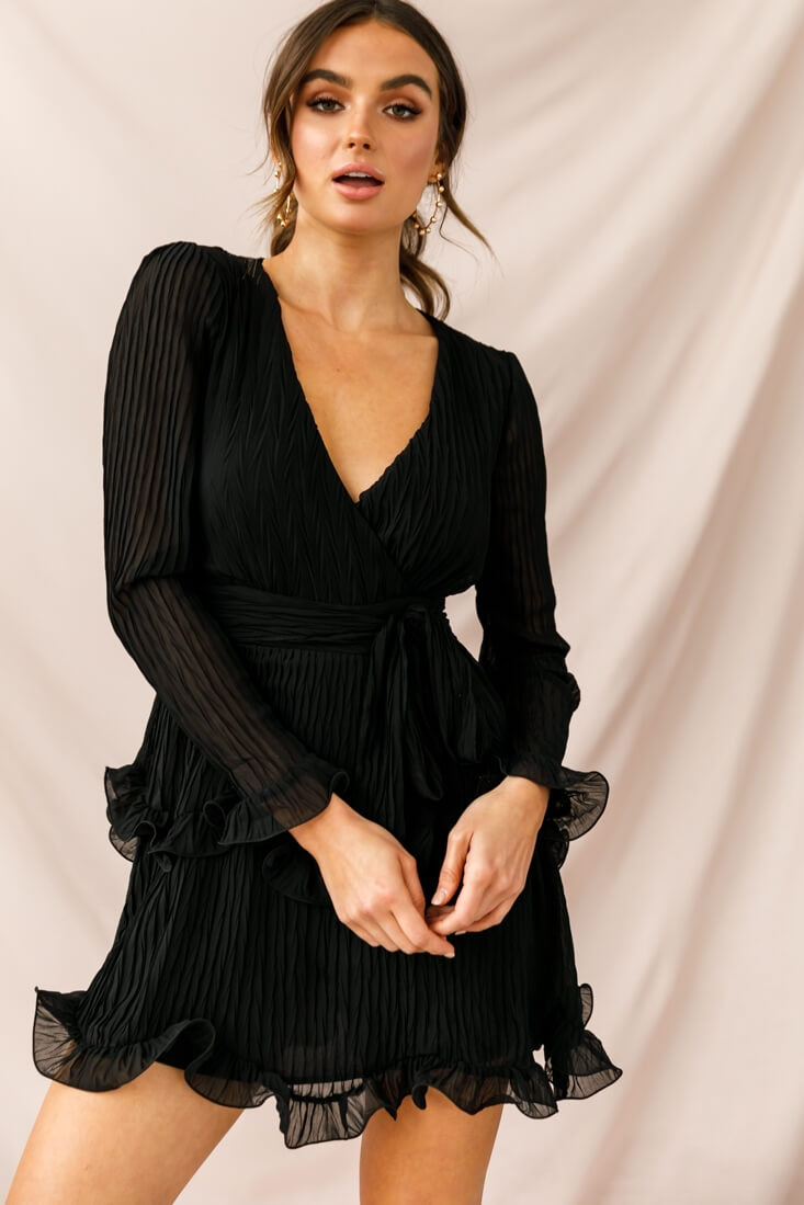 Greta Tiered Ruffle Chiffon Long Sleeve Dress Black-Maymioy