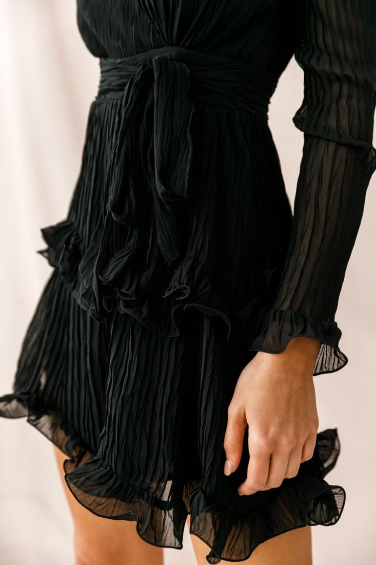 Greta Tiered Ruffle Chiffon Long Sleeve Dress Black-Maymioy
