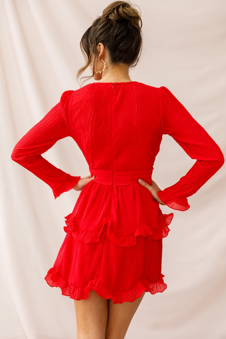 Greta Tiered Ruffle Chiffon Dress Red-Maymioy