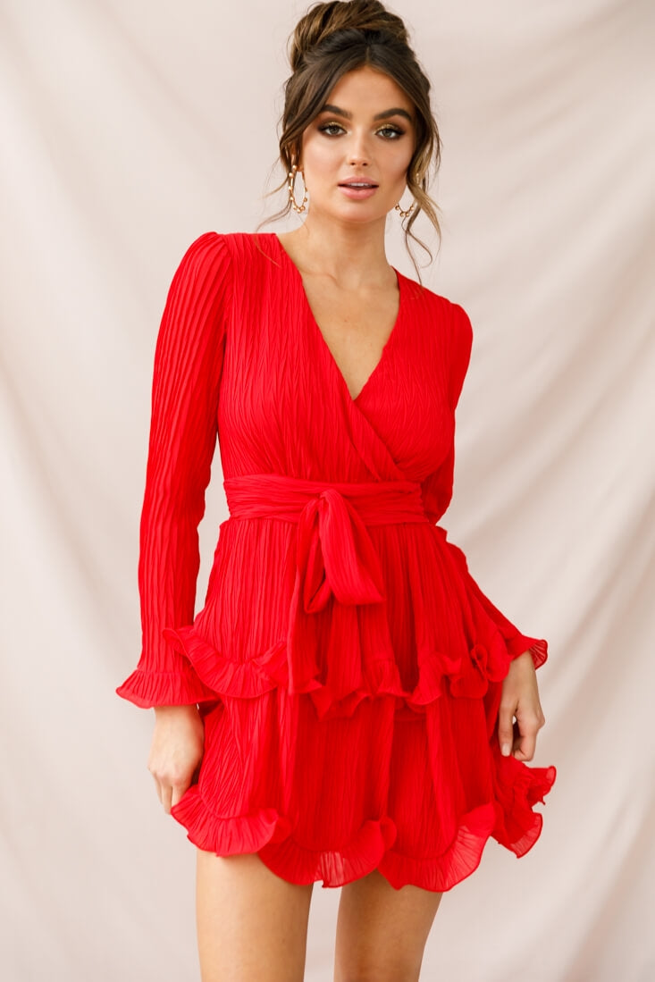 Greta Tiered Ruffle Chiffon Dress Red-Maymioy