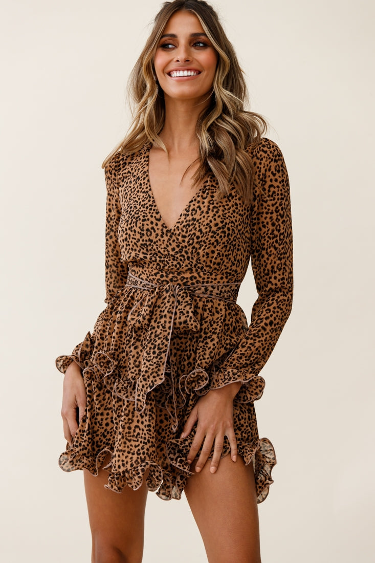 Greta Tiered Ruffle Chiffon Dress Animal Print Brown-Maymioy