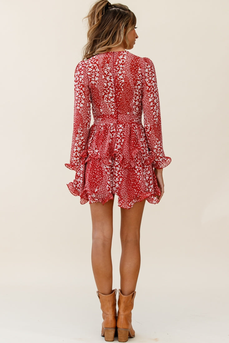 Greta Tiered Ruffle Chiffon Dress Floral Print Red-Maymioy