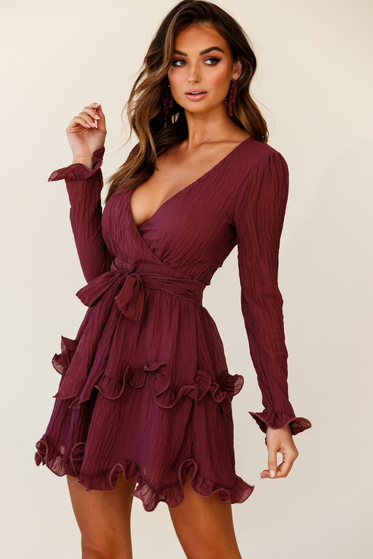 Greta Tiered Ruffle Chiffon Dress Wine-Maymioy