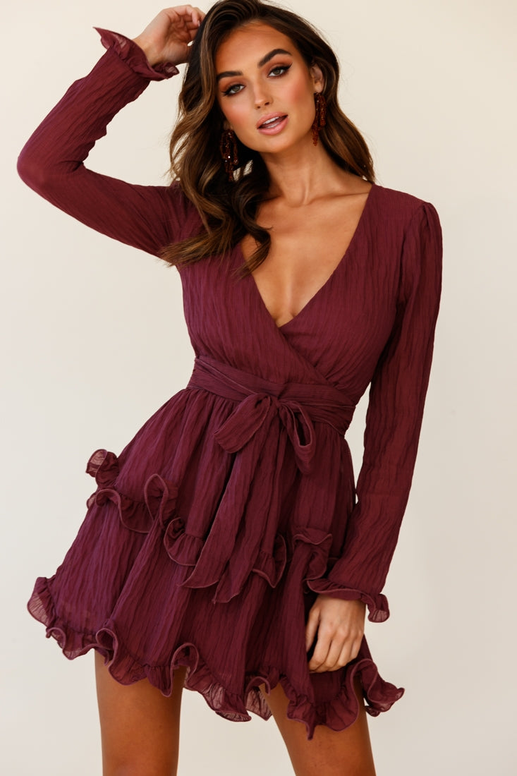 Greta Tiered Ruffle Chiffon Dress Wine-Maymioy