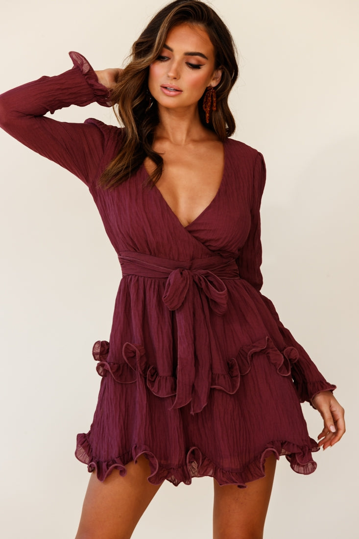 Greta Tiered Ruffle Chiffon Dress Wine-Maymioy