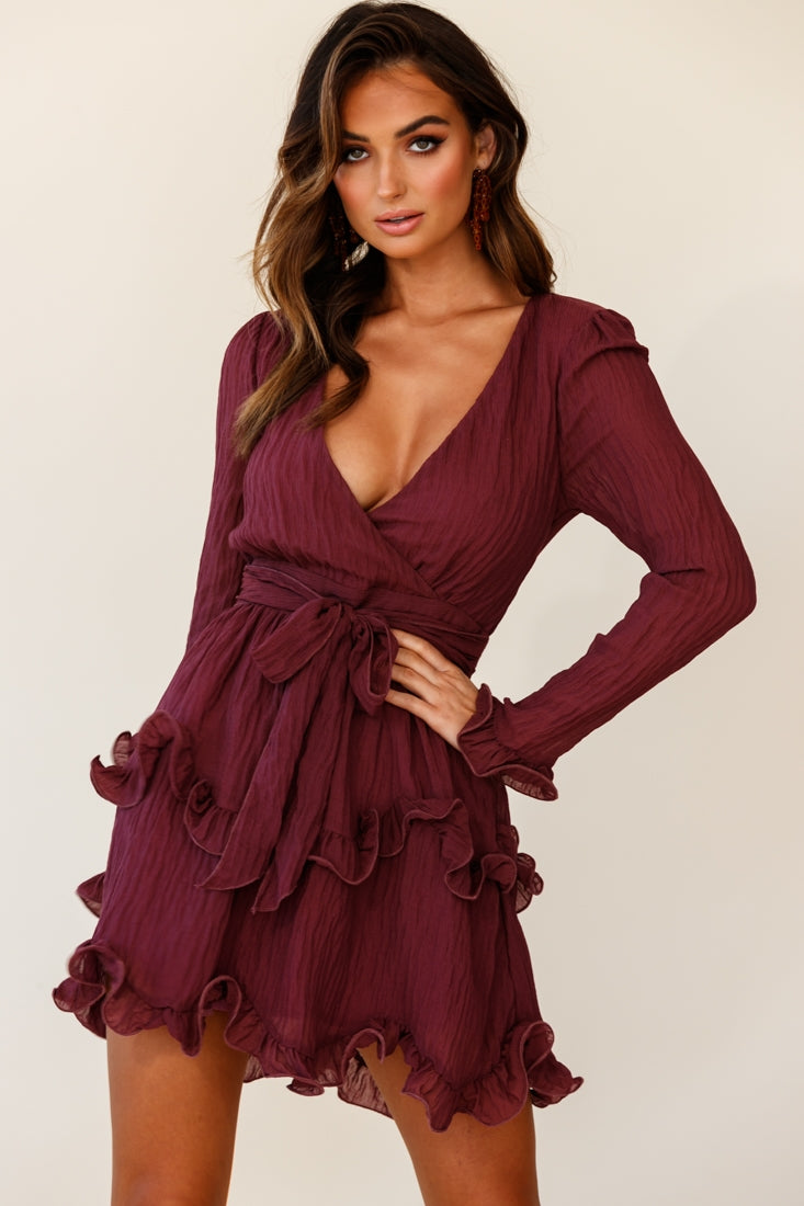 Greta Tiered Ruffle Chiffon Dress Wine-Maymioy