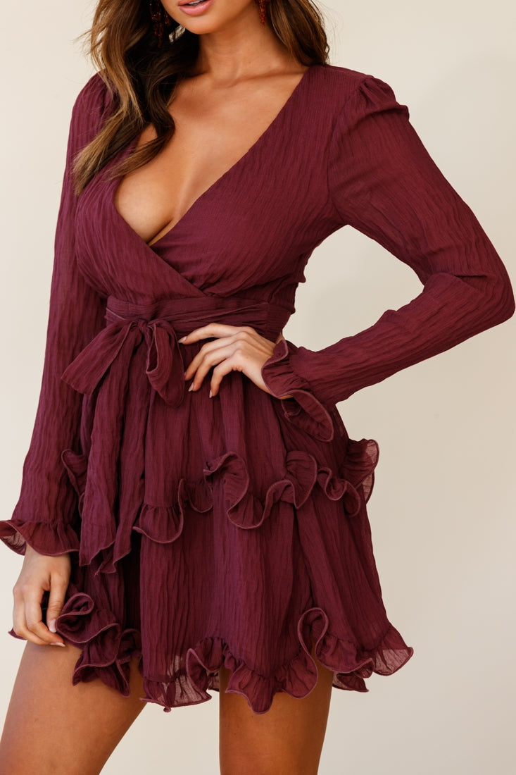 Greta Tiered Ruffle Chiffon Dress Wine-Maymioy
