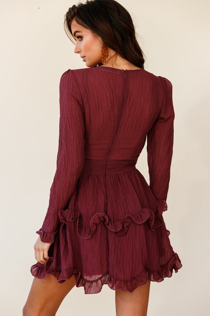 Greta Tiered Ruffle Chiffon Dress Wine-Maymioy