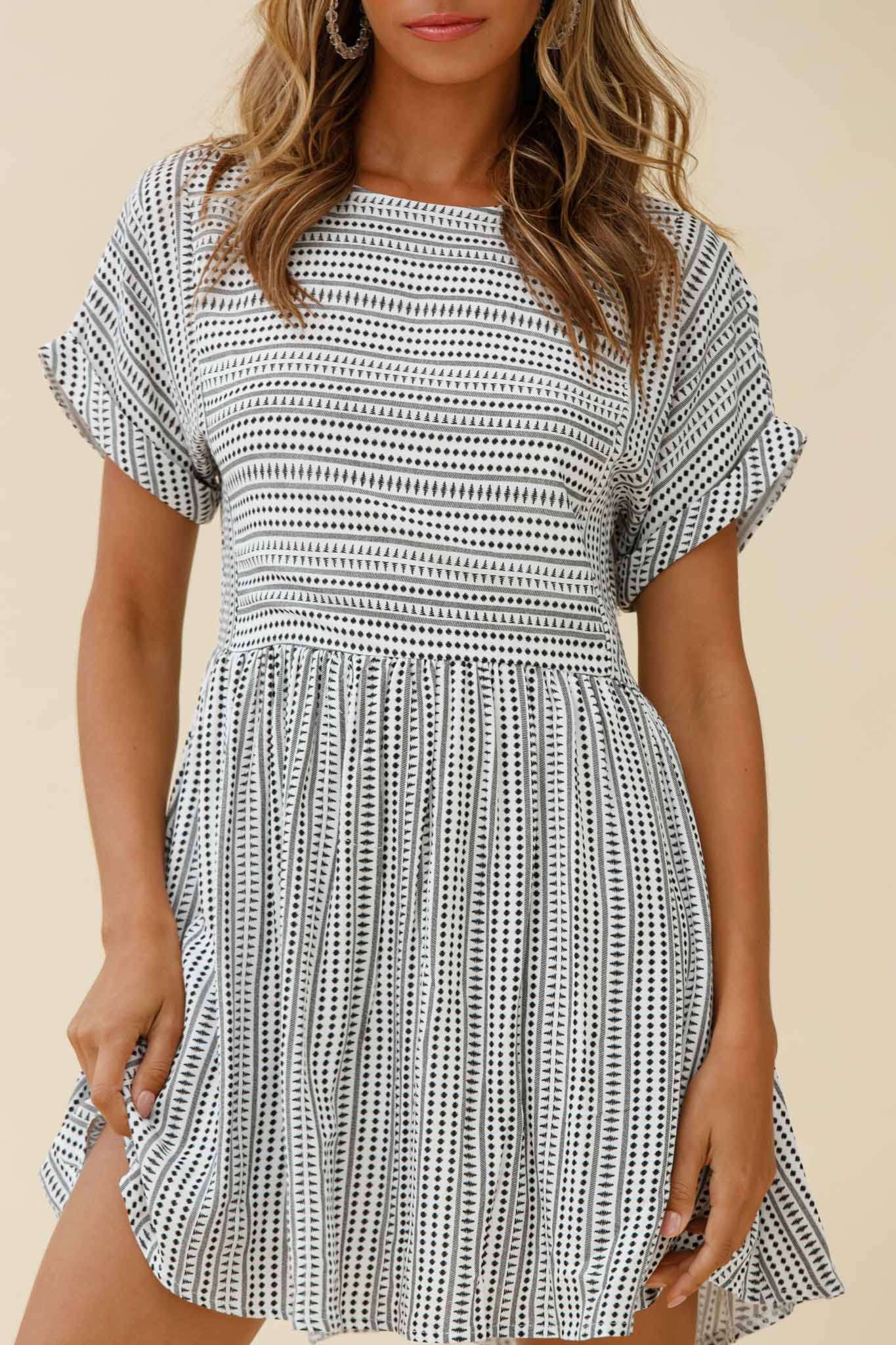 Susie Rolled Sleeve Crew Neck Swing Dress Stripe Pattern Black-Maymioy