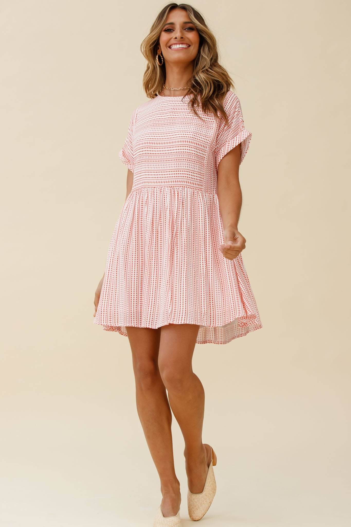 Susie Rolled Sleeve Crew Neck Swing Dress Stripe Pattern Red-Maymioy