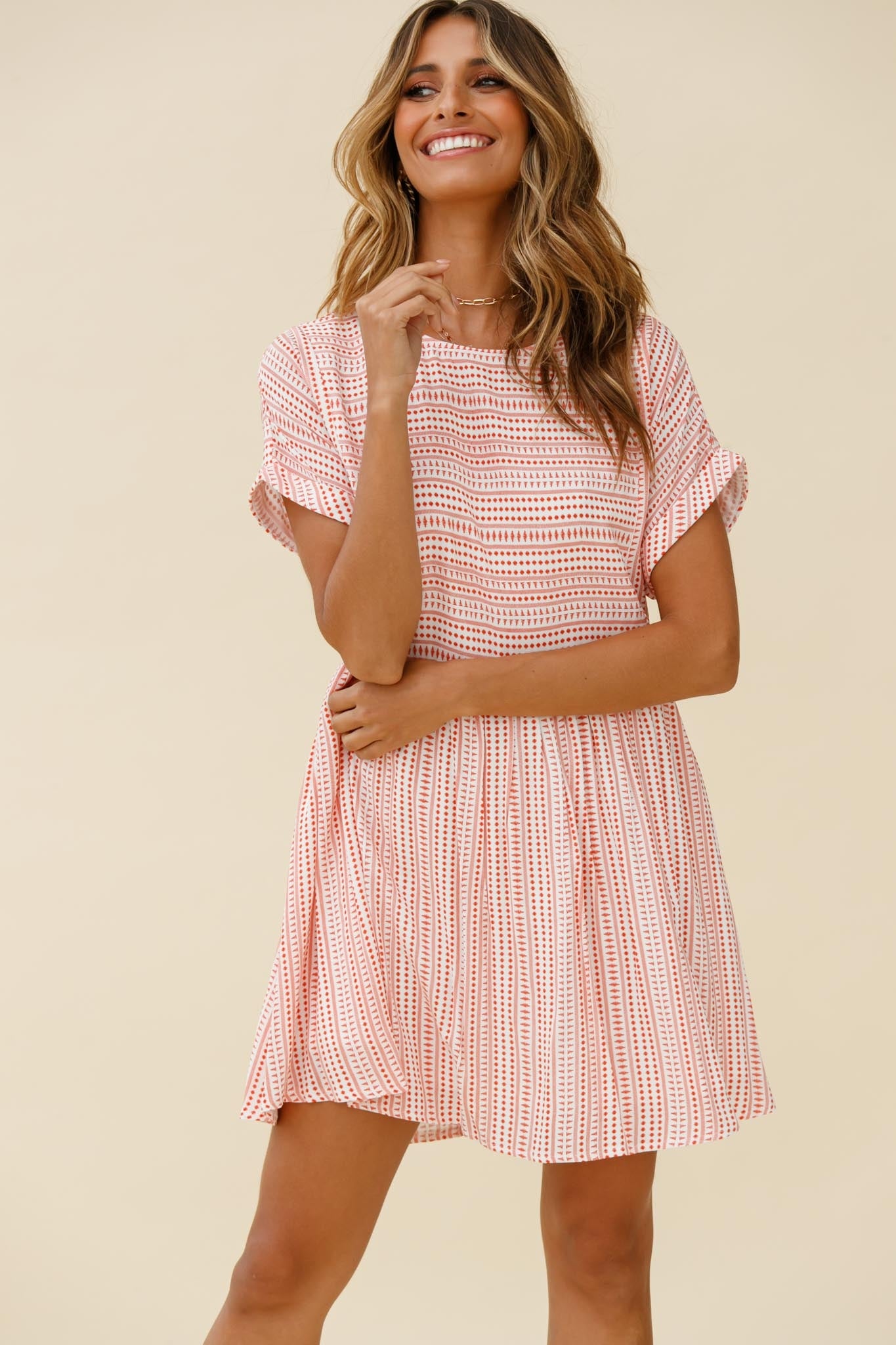 Susie Rolled Sleeve Crew Neck Swing Dress Stripe Pattern Red-Maymioy