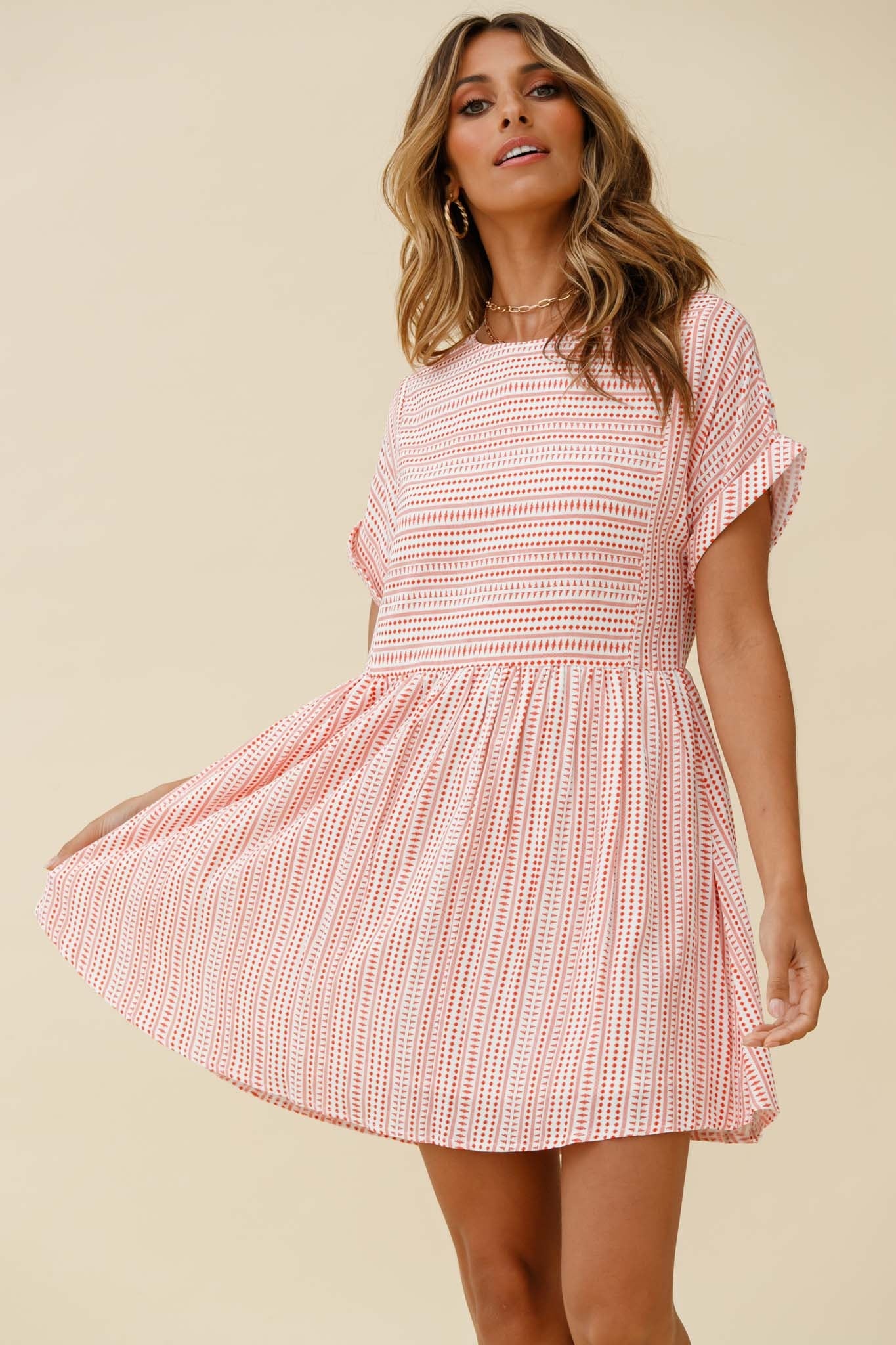 Susie Rolled Sleeve Crew Neck Swing Dress Stripe Pattern Red-Maymioy
