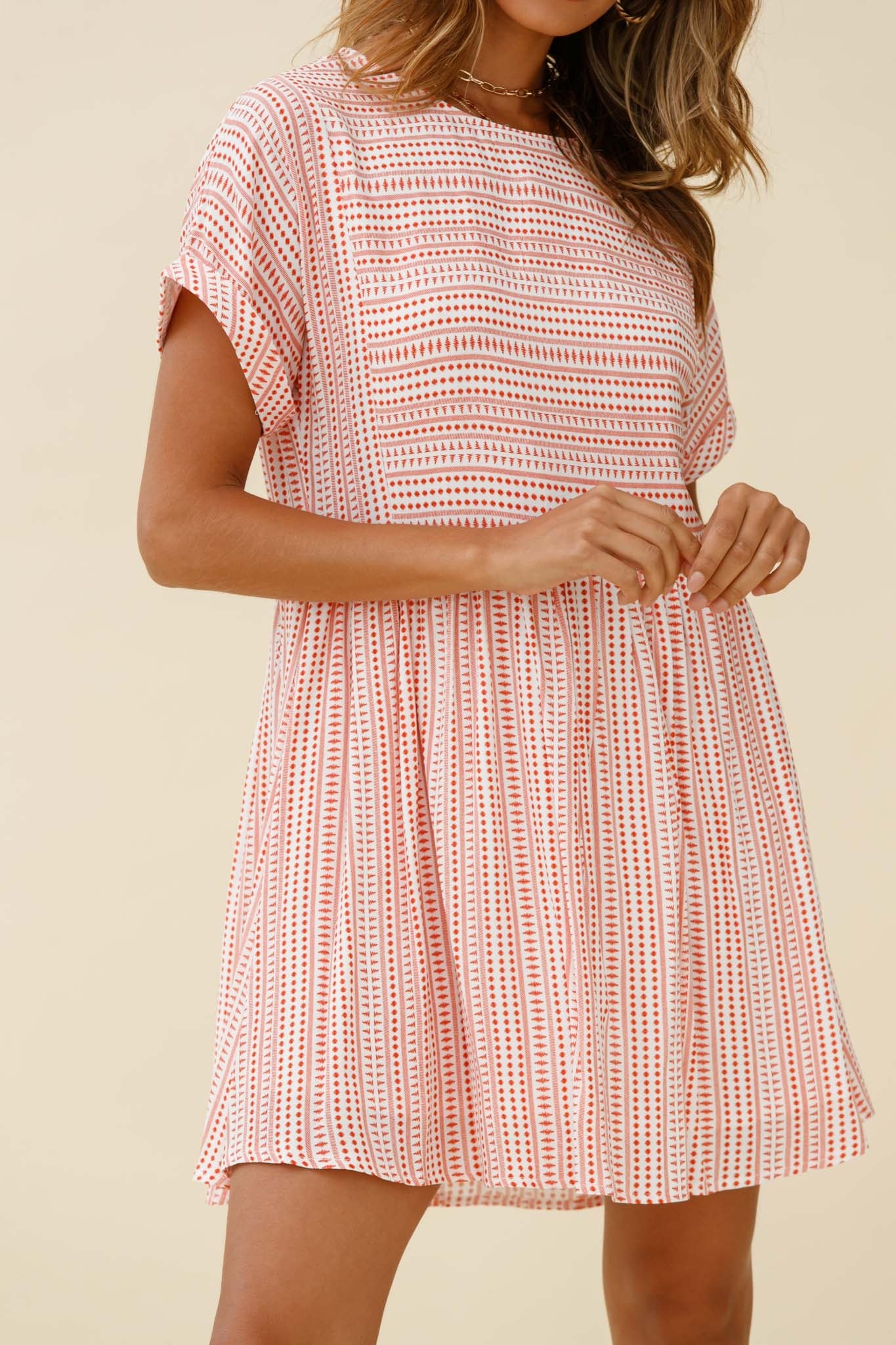 Susie Rolled Sleeve Crew Neck Swing Dress Stripe Pattern Red-Maymioy