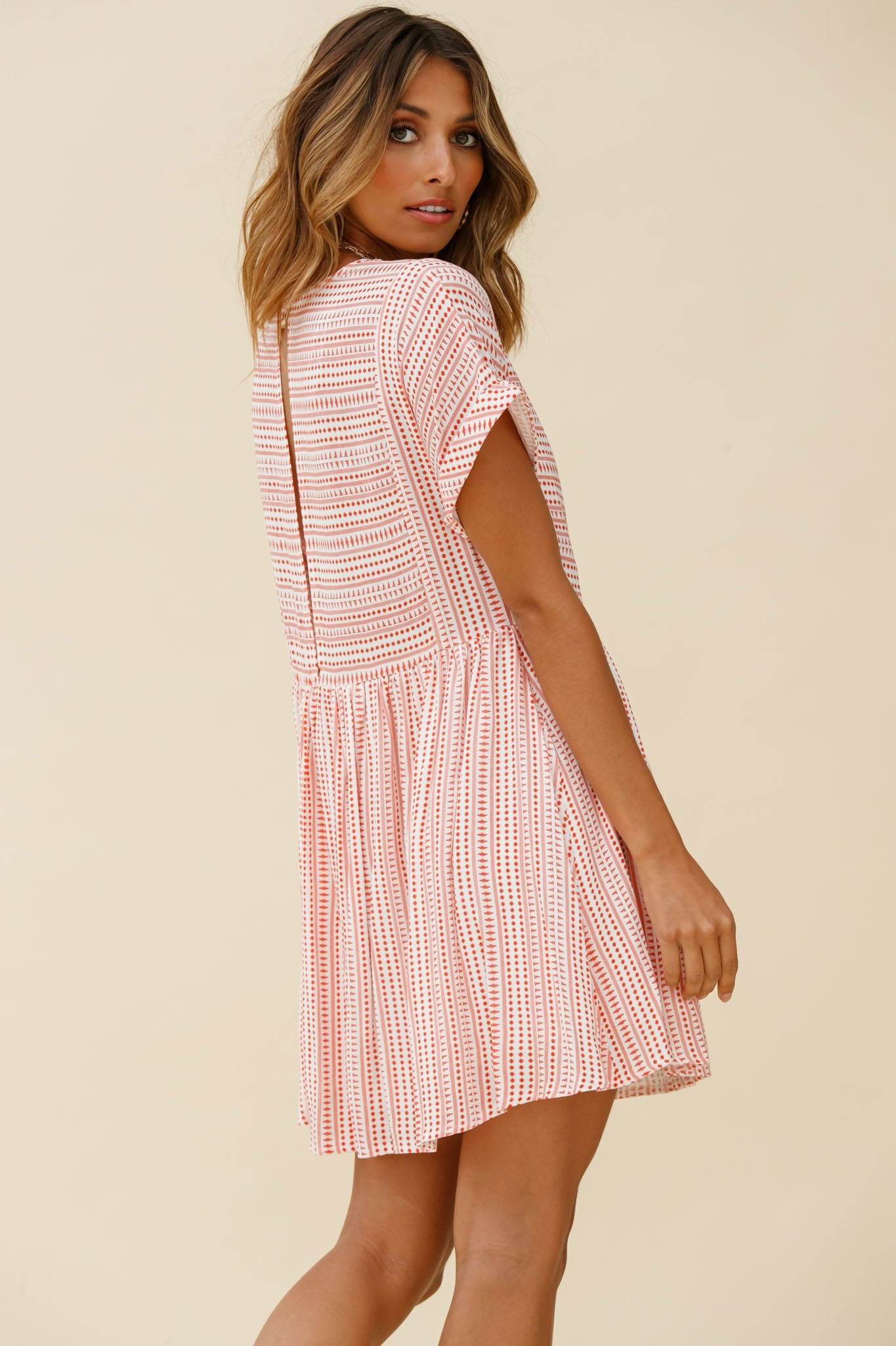 Susie Rolled Sleeve Crew Neck Swing Dress Stripe Pattern Red-Maymioy
