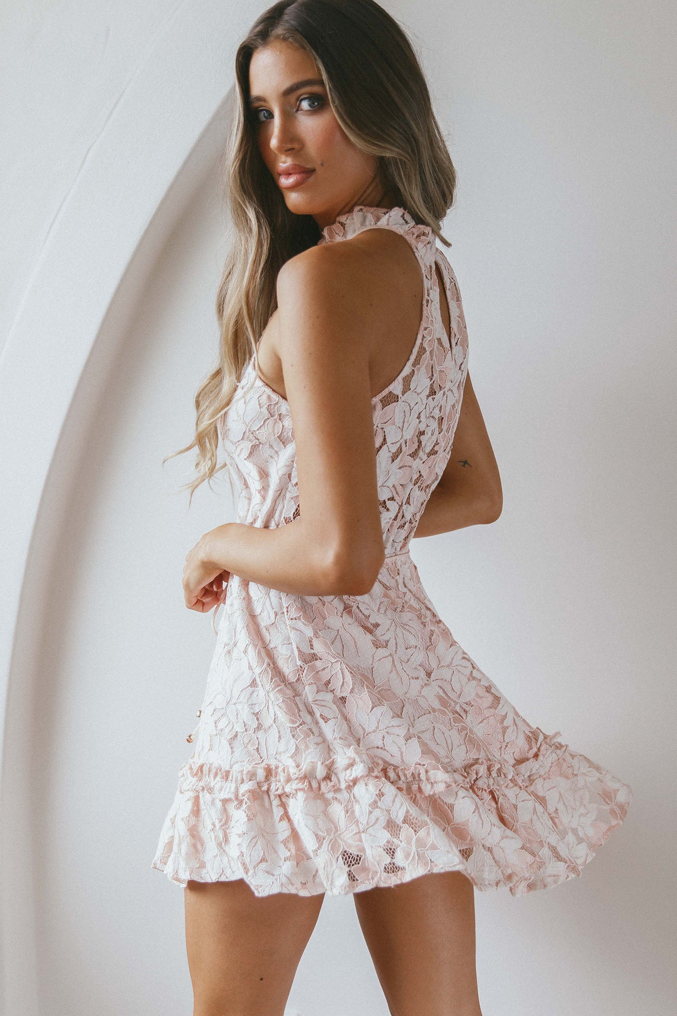 Ever After Halterneck Elasticated Waist Lace Mini Dress Apricot-Maymioy