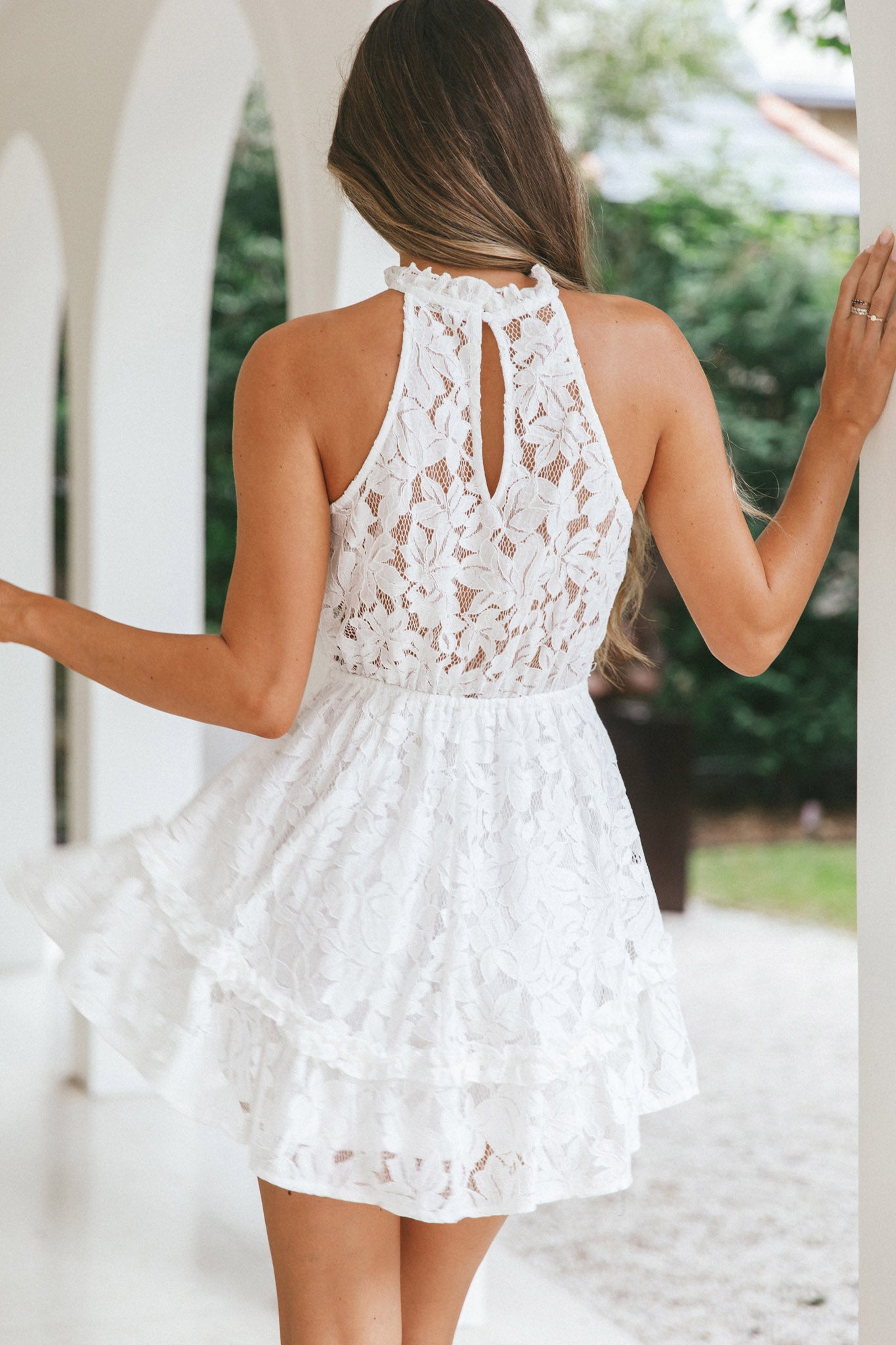 Ever After Halterneck Elasticated Waist Lace Mini Dress White-Maymioy