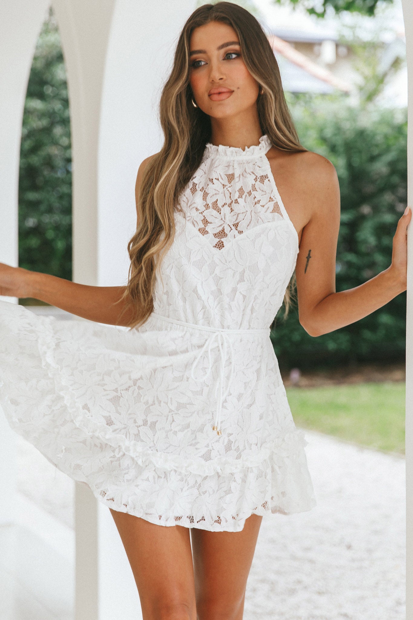 Ever After Halterneck Elasticated Waist Lace Mini Dress White-Maymioy