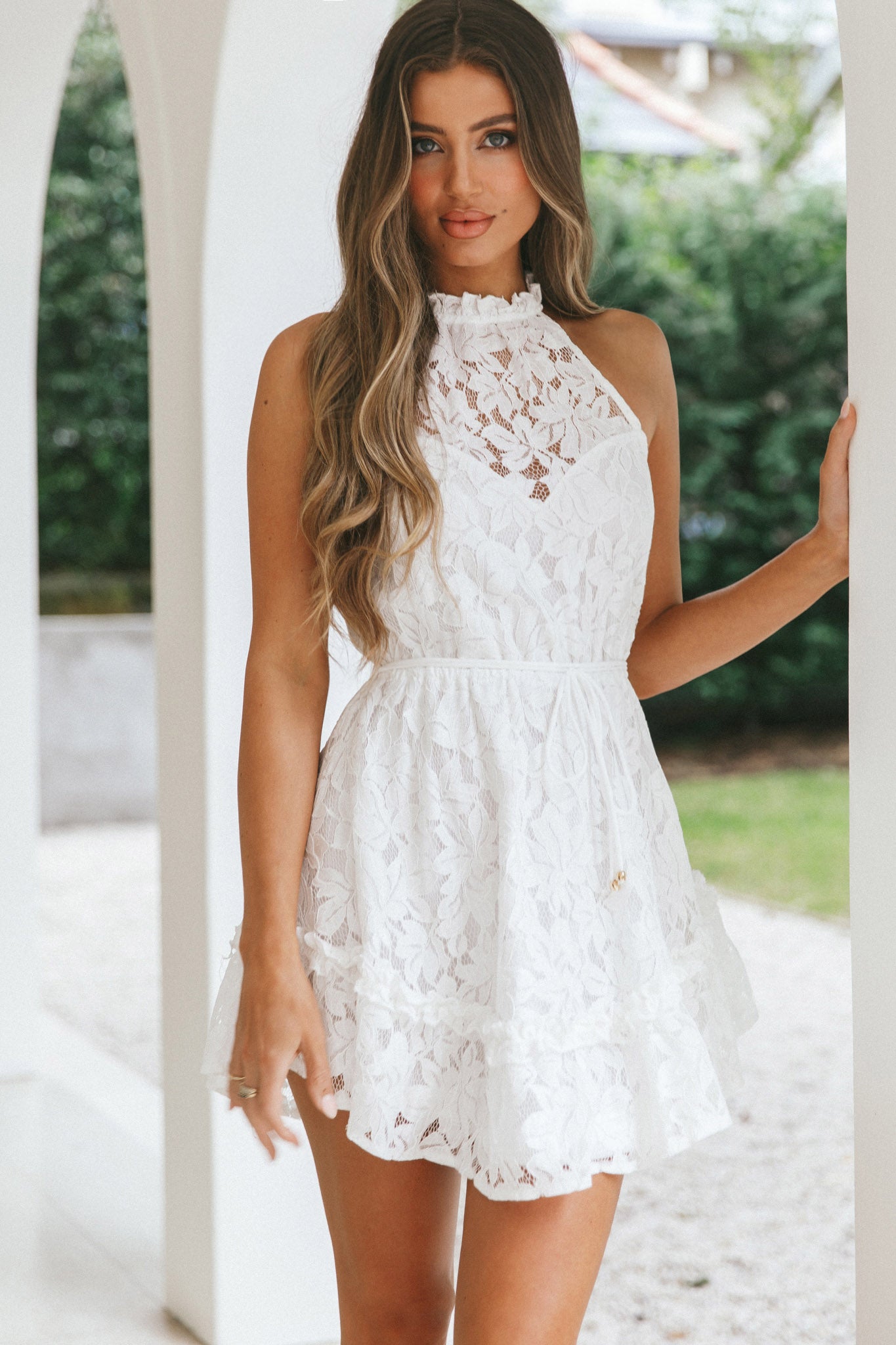 Ever After Halterneck Elasticated Waist Lace Mini Dress White-Maymioy