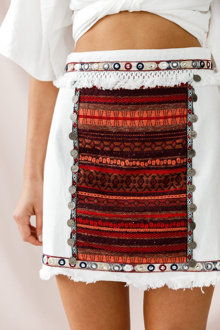 Inca Embellished Skirt White-Maymioy