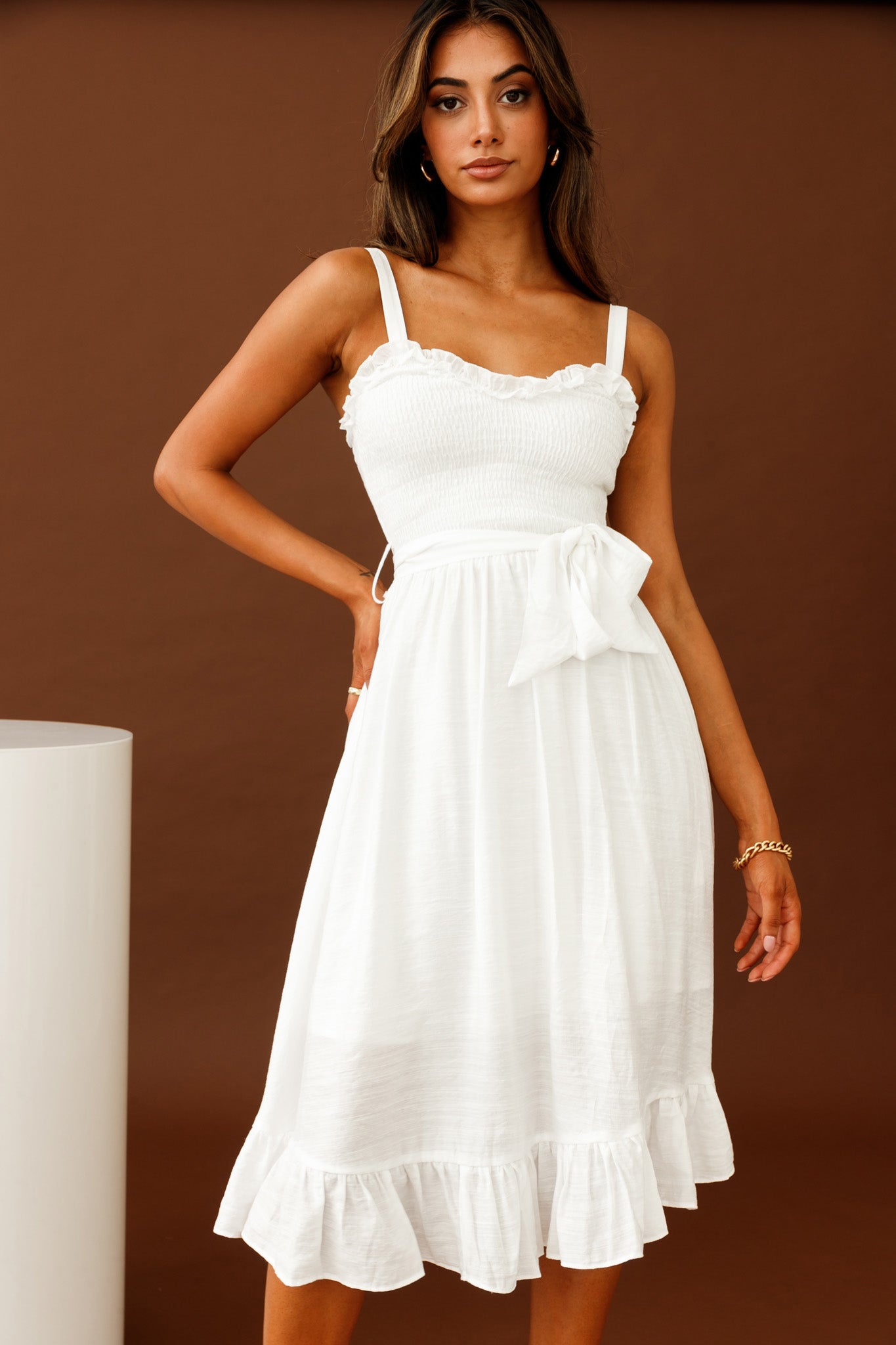 Honey Shirred Frill Midi Dress White-Maymioy