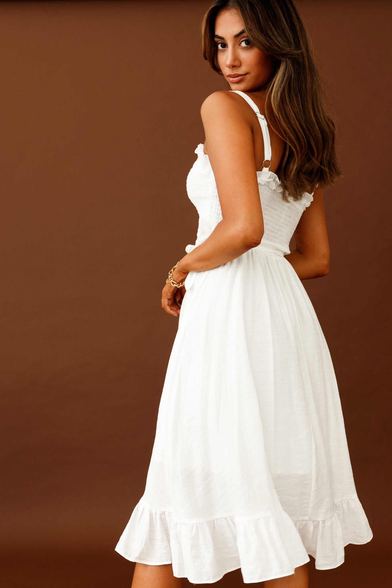 Honey Shirred Frill Midi Dress White-Maymioy