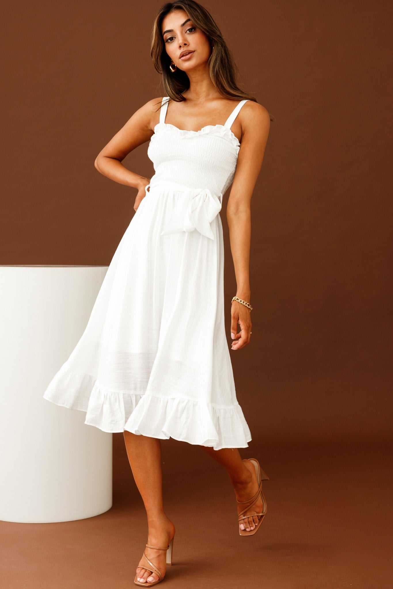 Honey Shirred Frill Midi Dress White-Maymioy