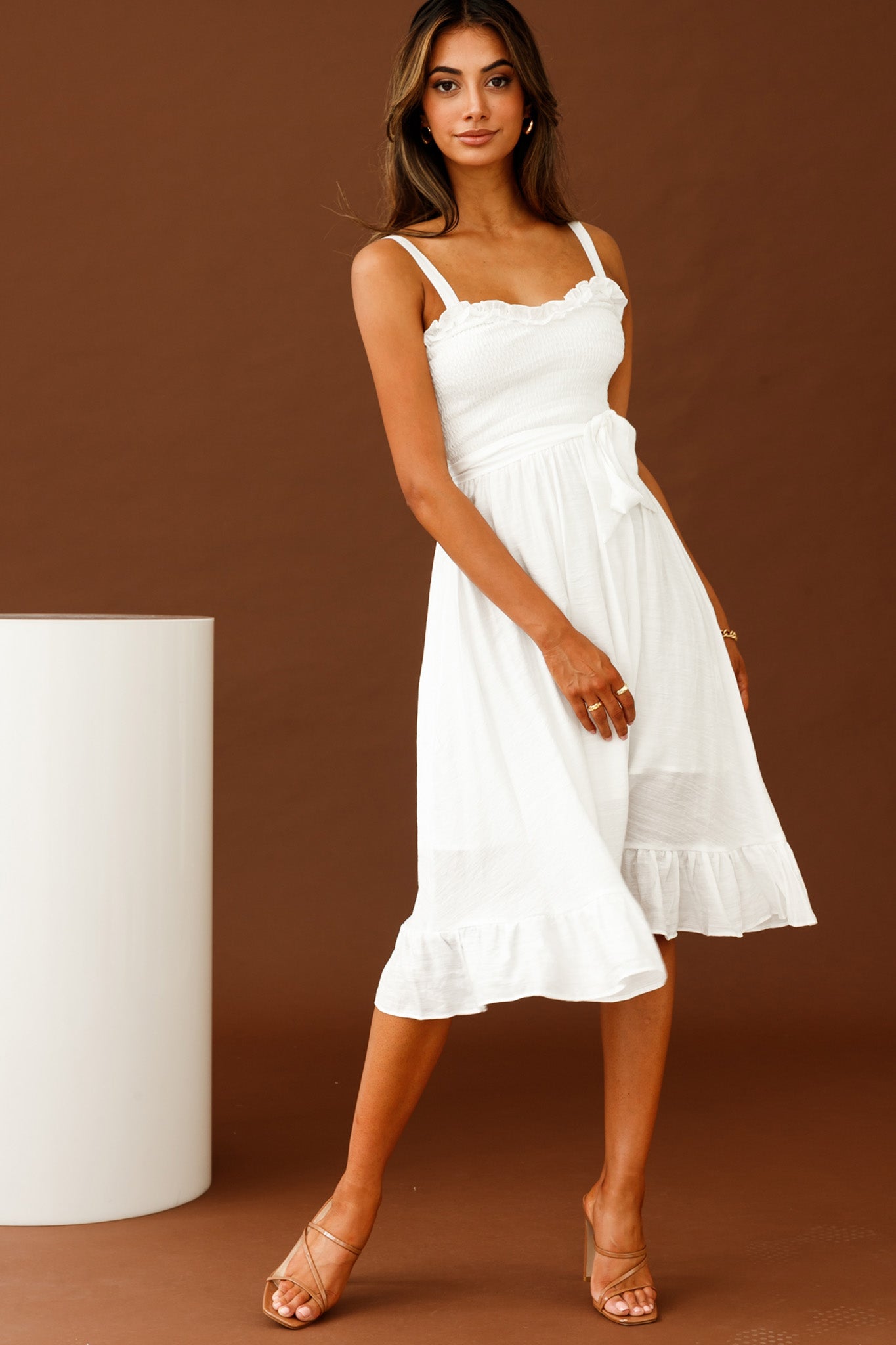 Honey Shirred Frill Midi Dress White-Maymioy