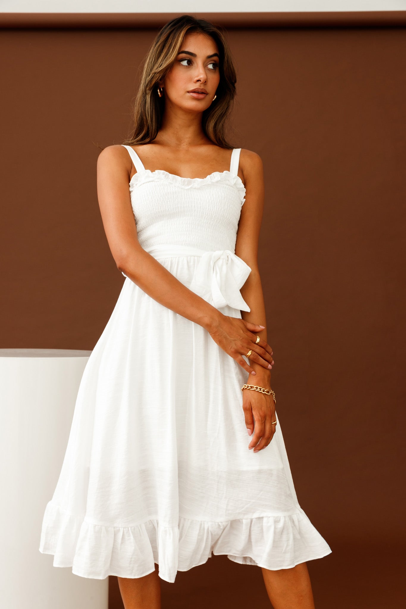 Honey Shirred Frill Midi Dress White-Maymioy